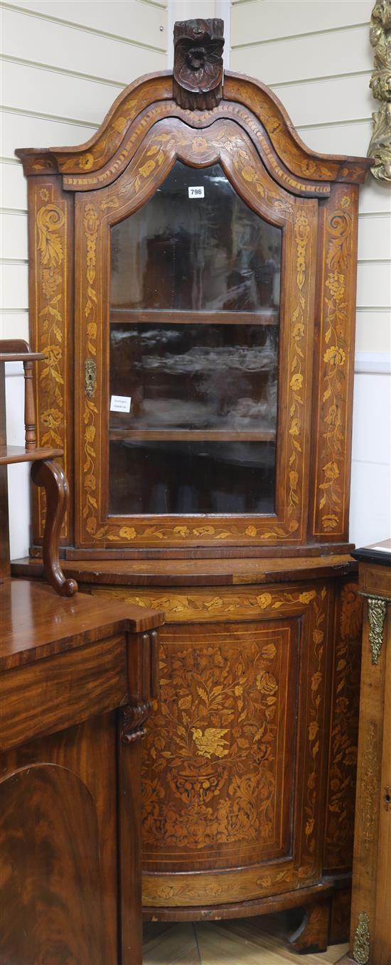 A 19th century Dutch walnut and marquetry corner vitrine, H.200cm